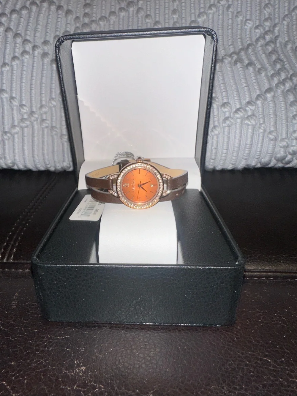 Caravelle New York Women's Brown Leather Double-Wrap Watch with Crystal Accents